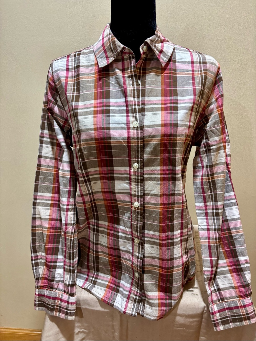 Orvis Pink, Brown & White Plaid Button-Down Shirt